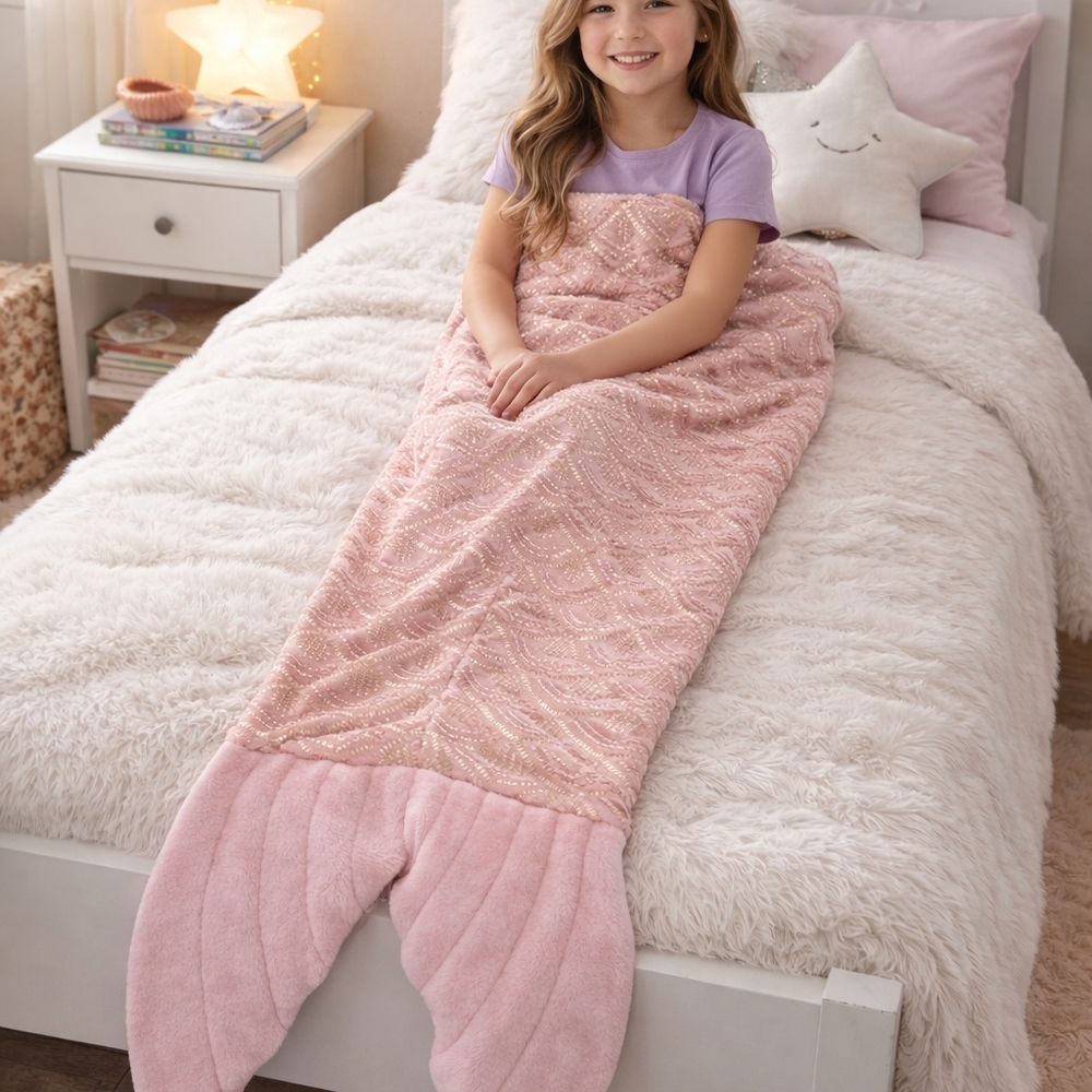 Pillowfort Pink Mermaid Tail Blanket – Shimmery Scales, Soft Plush Fin #2148